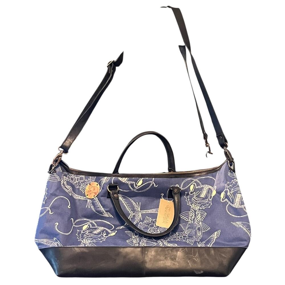 NWT Sanaa Hyder Canvas Large Duffel Weekender Bag Vintage Print Bowler Fish